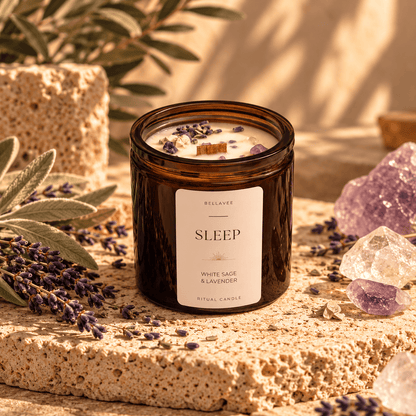 SLEEP crystal candle with Amethyst, wooden wick and botanicals – White Sage &amp; Lavender