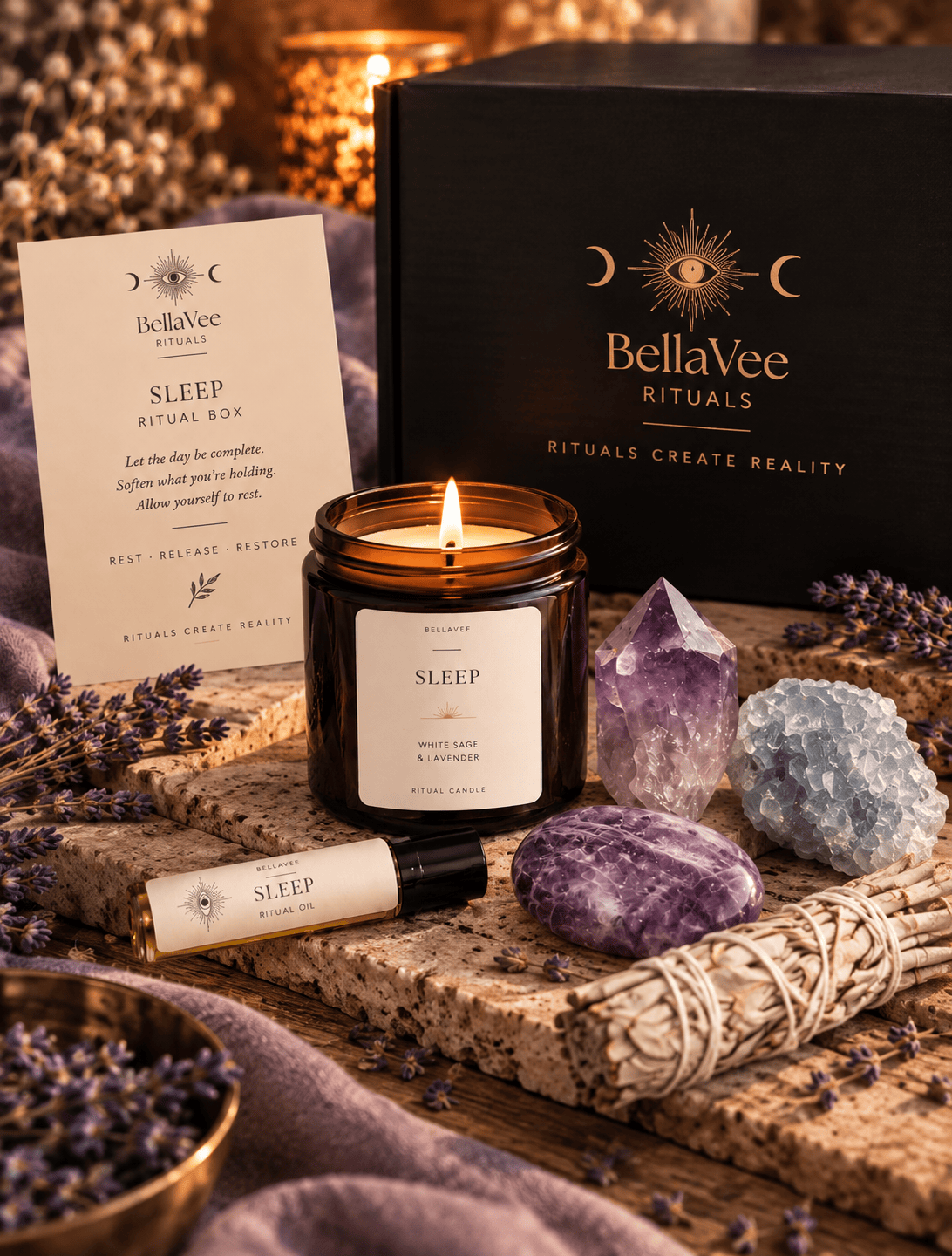 BellaVee Sleep Ritual Box with Amethyst crystals, White Sage and Lavender candle and ritual oil
