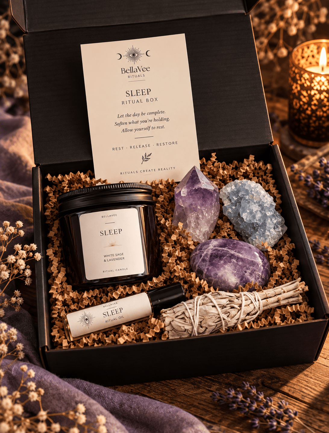 Sleep Ritual Box with lavender candle, Amethyst, Celestite, Lepidolite, ritual oil and sage