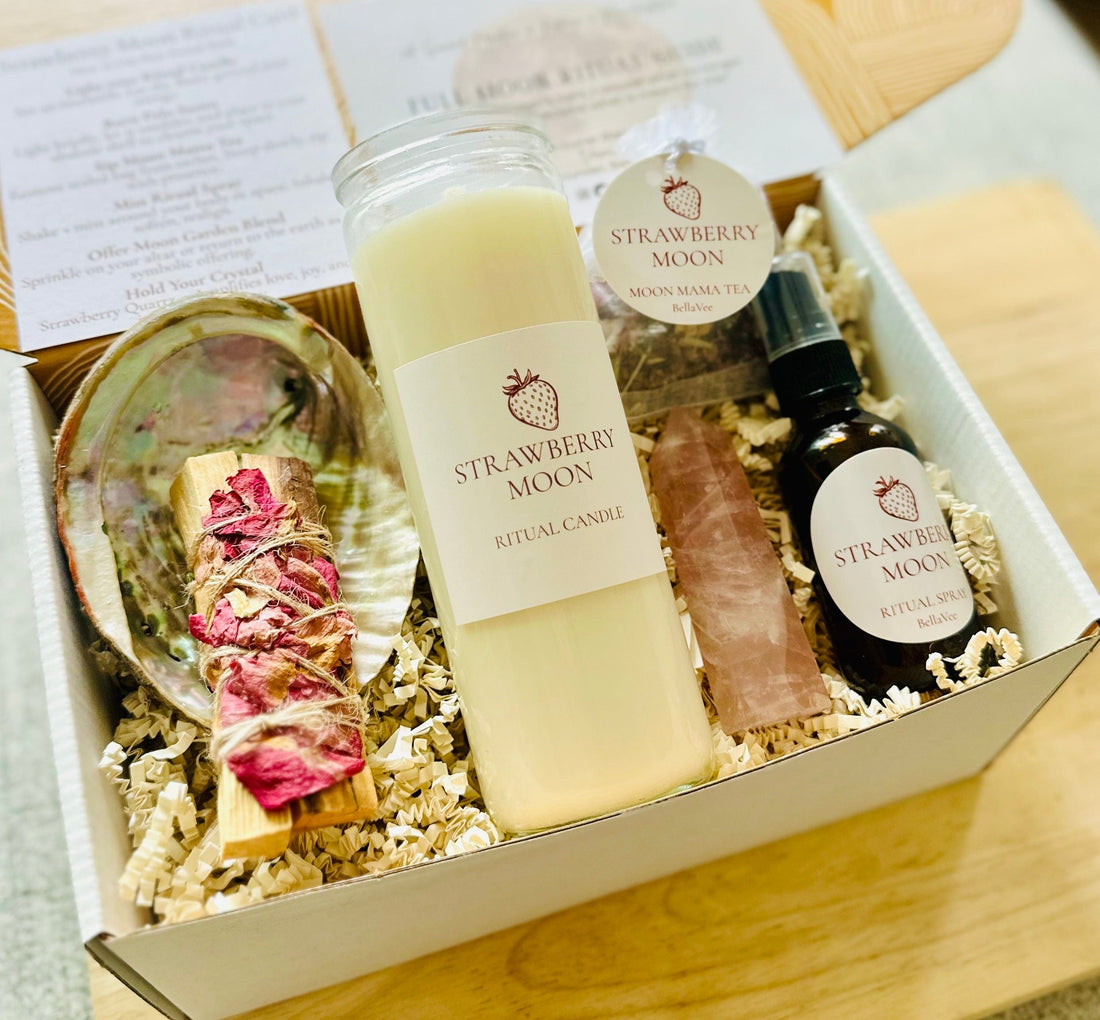 Overhead shot of Strawberry Full Moon Box contents arranged flat lay style.
