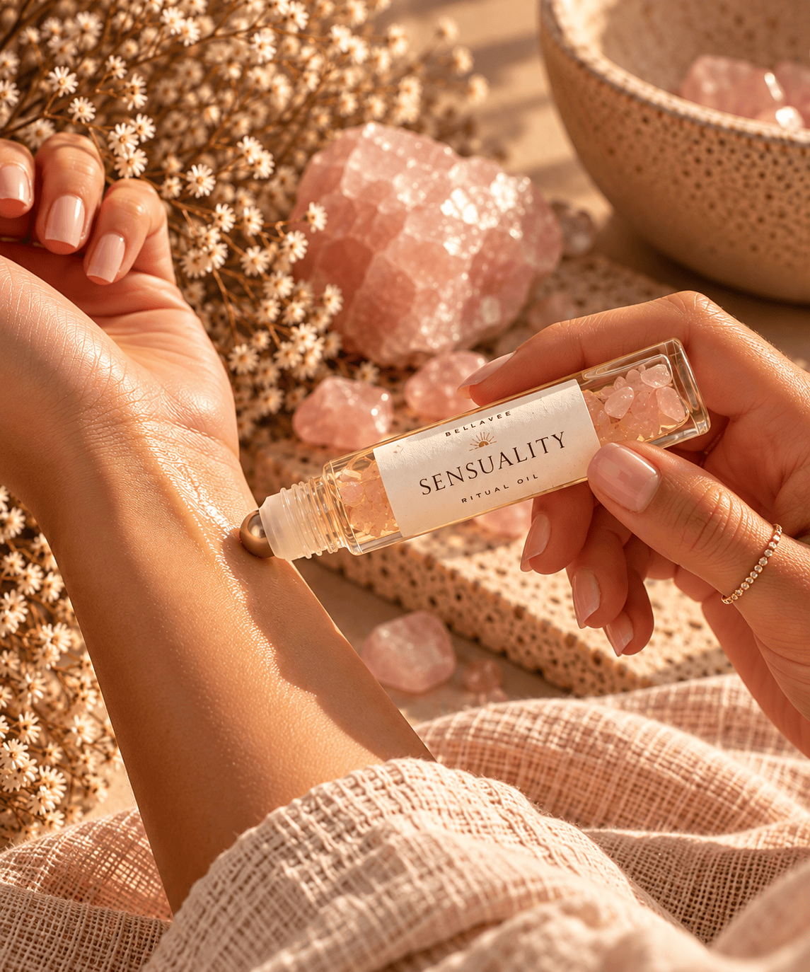 Woman applying BellaVee SENSUALITY Ritual Oil infused with rose quartz chips to her wrist during an intimate self-care ritual.