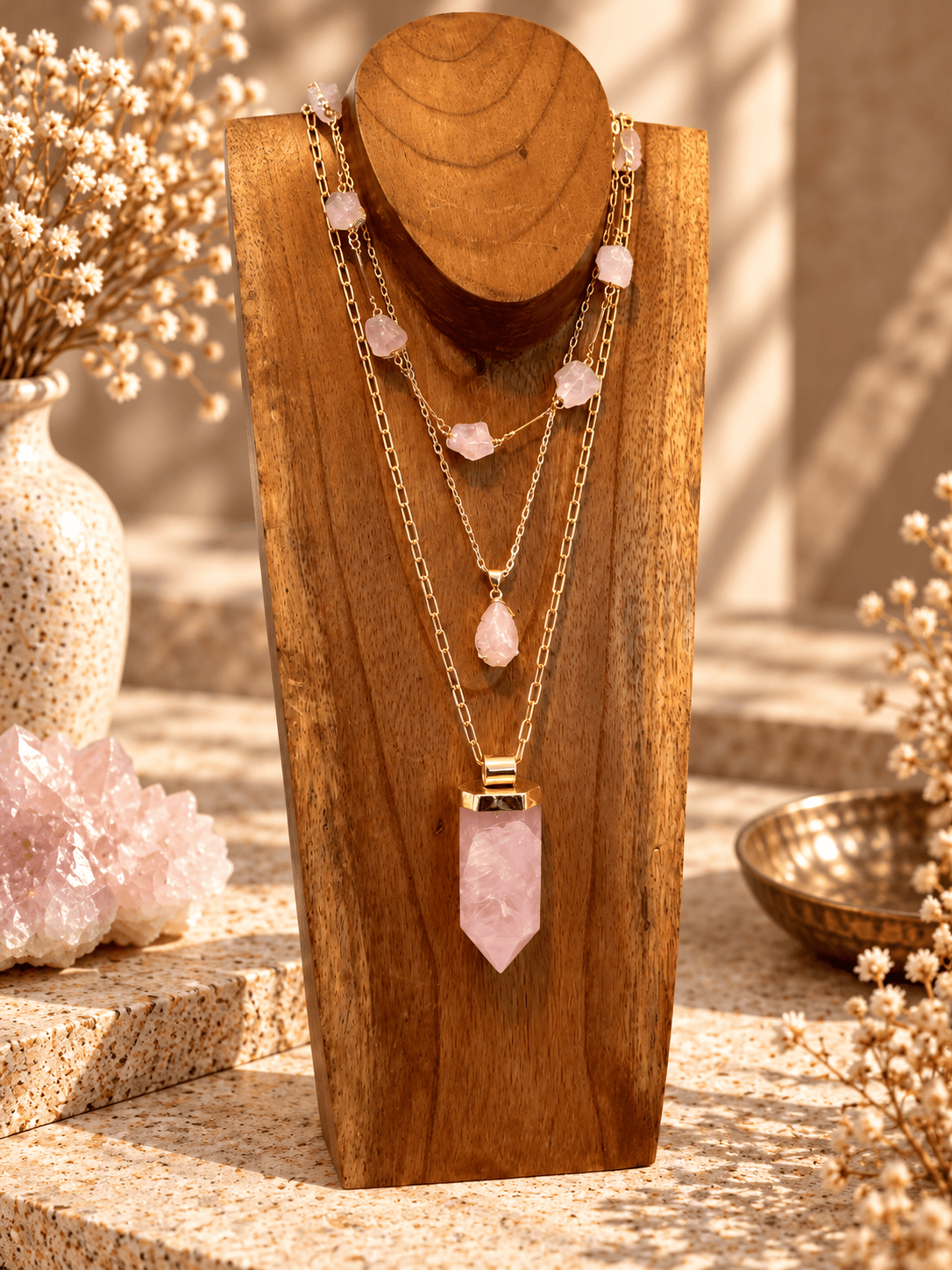 Rose Quartz teardrop pendant necklace layered with gold crystal necklaces on a wooden jewelry stand