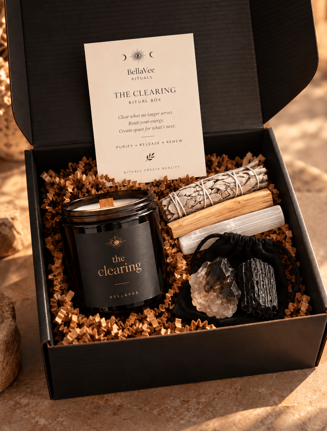 THE CLEARING breakup ritual box with crystal candle, Smoky Quartz, Black Tourmaline, sage and Palo Santo