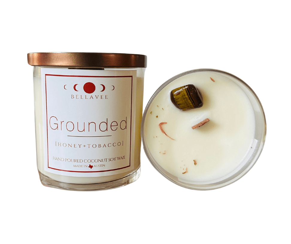 Grounded Crystal Candle with Tigers Eye, wooden wick, dried flowers, and essential oil for grounding and emotional stability