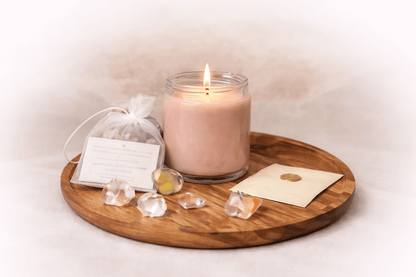 Full Moon ritual club with crystal candle on wooden tray and crystals surrounding it