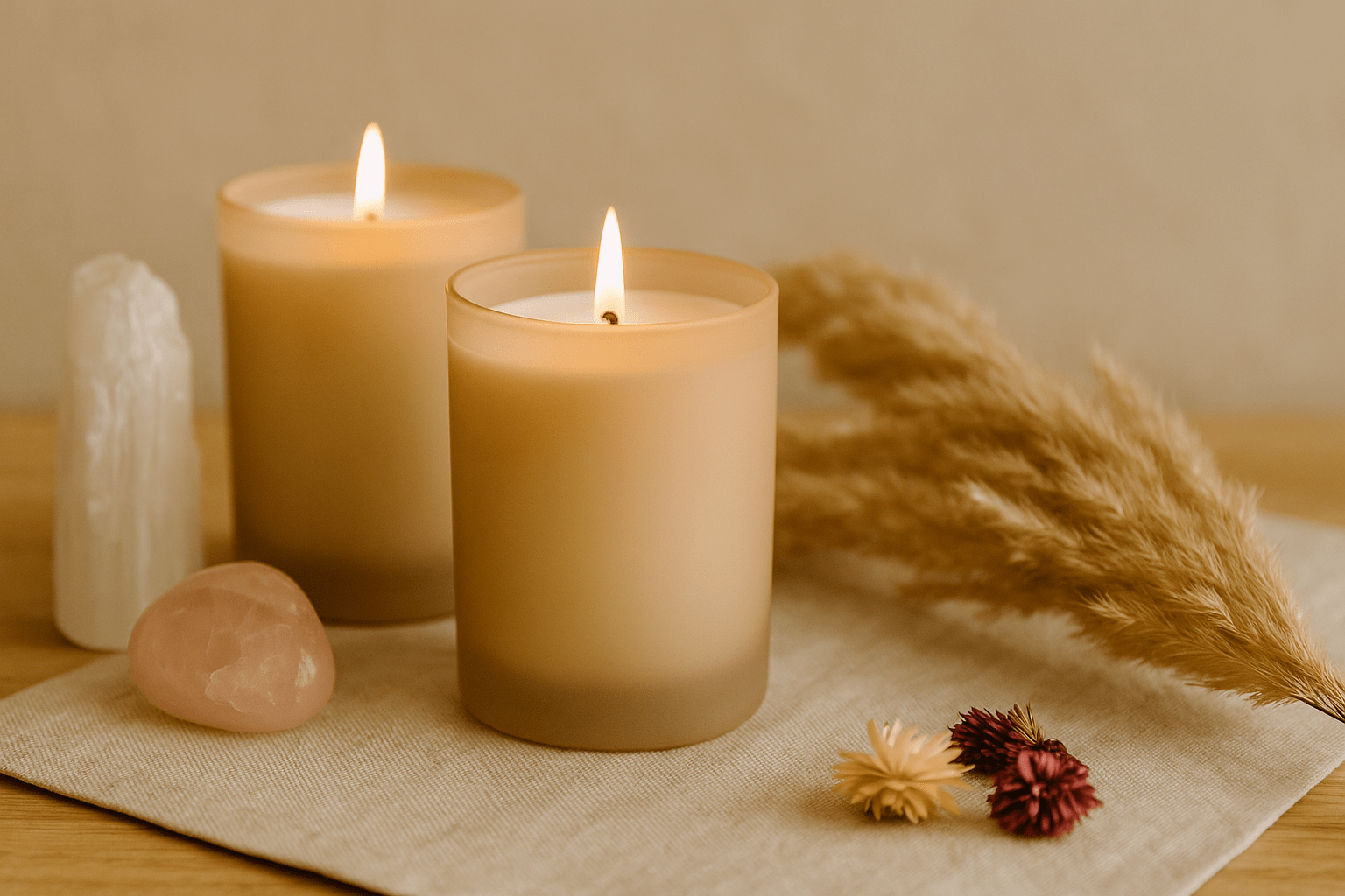 Two lit candles on a textured surface with decorative elements like stones and dried plants.
