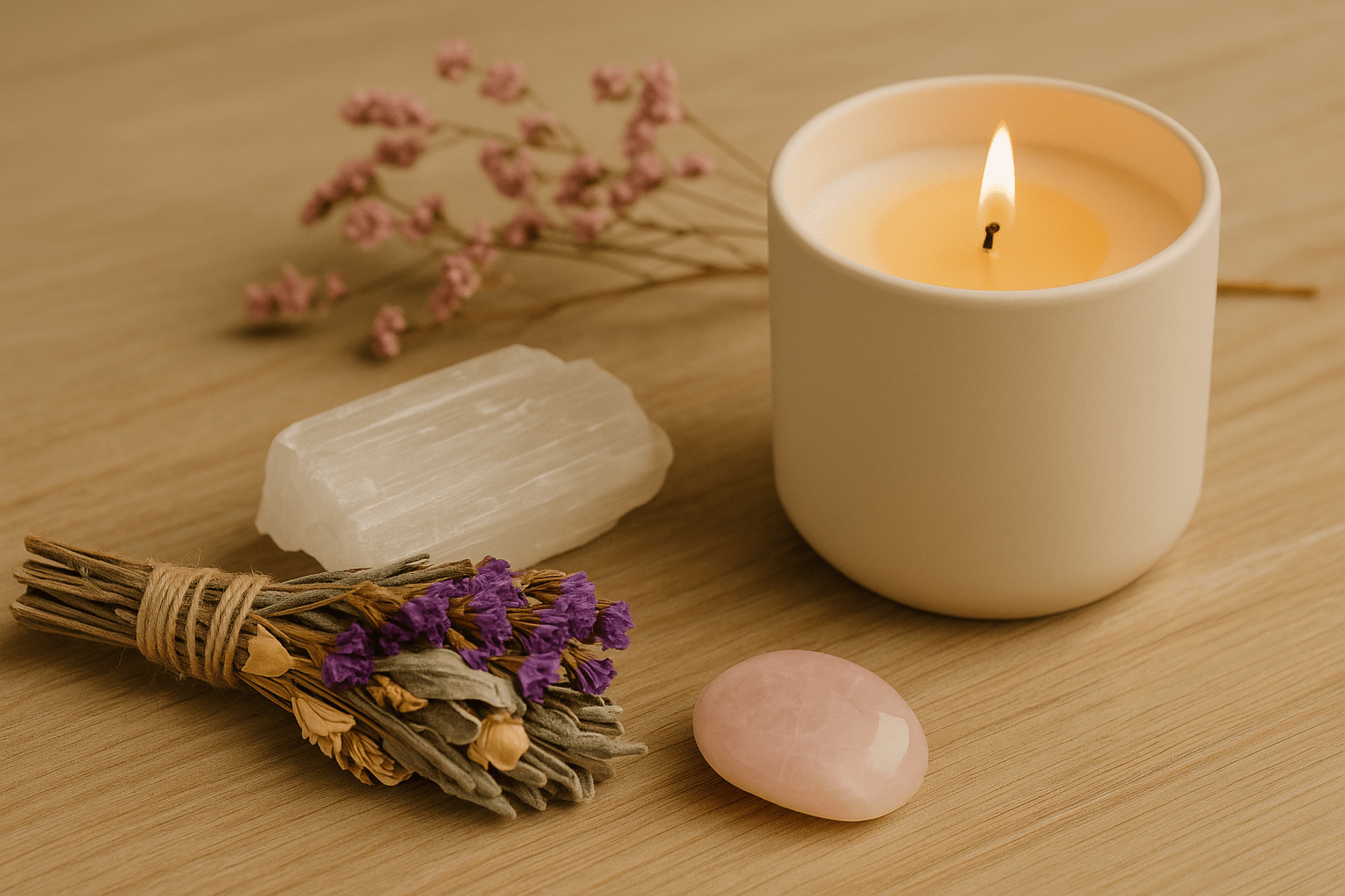 A softly lit candle sits on a wooden surface, surrounded by a selenite crystal, a polished rose quartz stone, a dried floral smudge bundle, and sprigs of pink statice flowers. The warm tones and natural textures create a calming, ritual-inspired aesthetic.