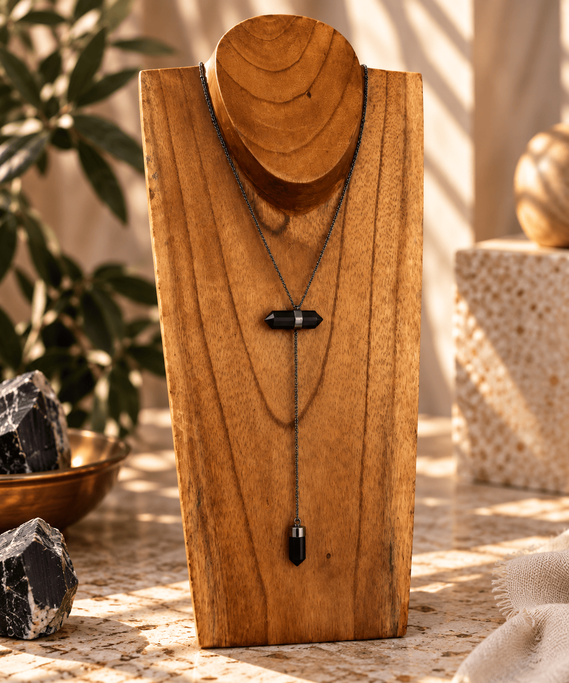Obsidian two-stone Y-drop crystal necklace with titanium chain by BellaVee Rituals