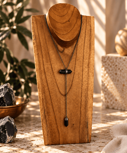Obsidian two-stone Y-drop crystal necklace with titanium chain by BellaVee Rituals