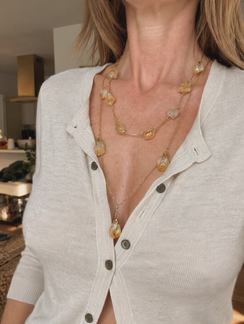 Seven-stone Citrine convertible necklace styled long, doubled and adjusted to different lengths