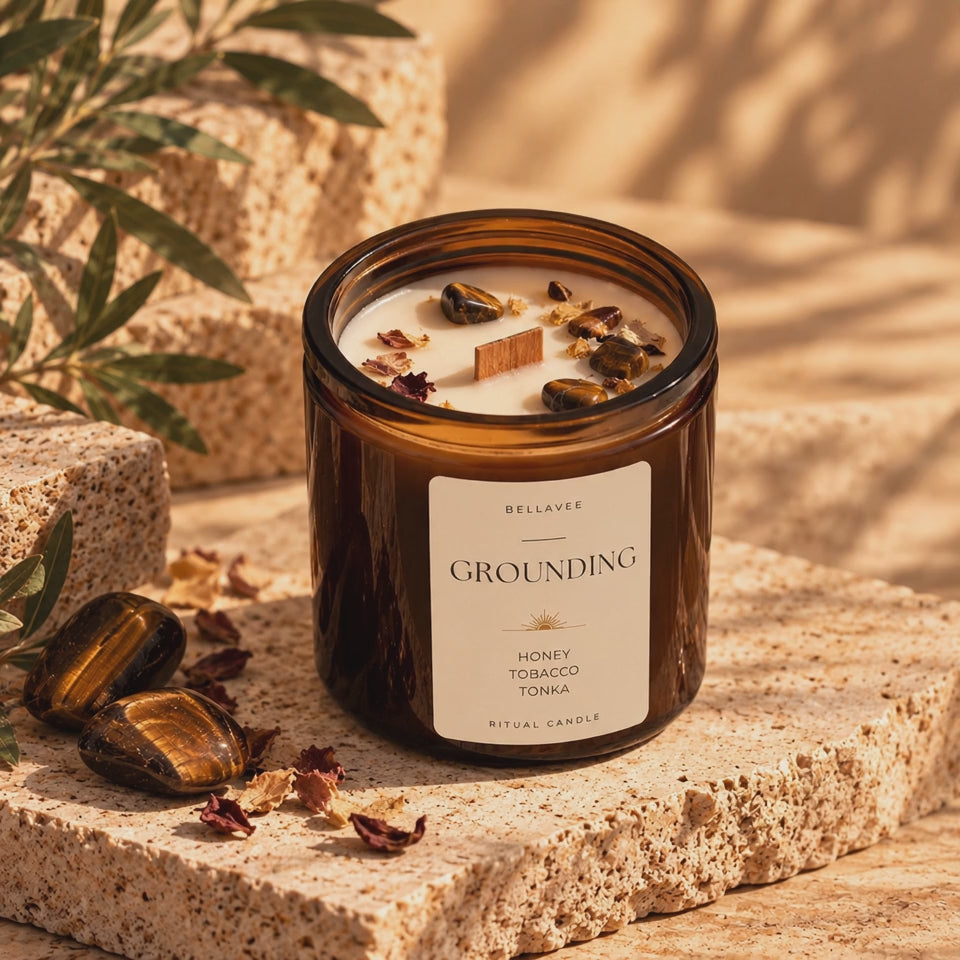 GROUNDING Tiger’s Eye crystal ritual candle in amber glass by BellaVee Rituals