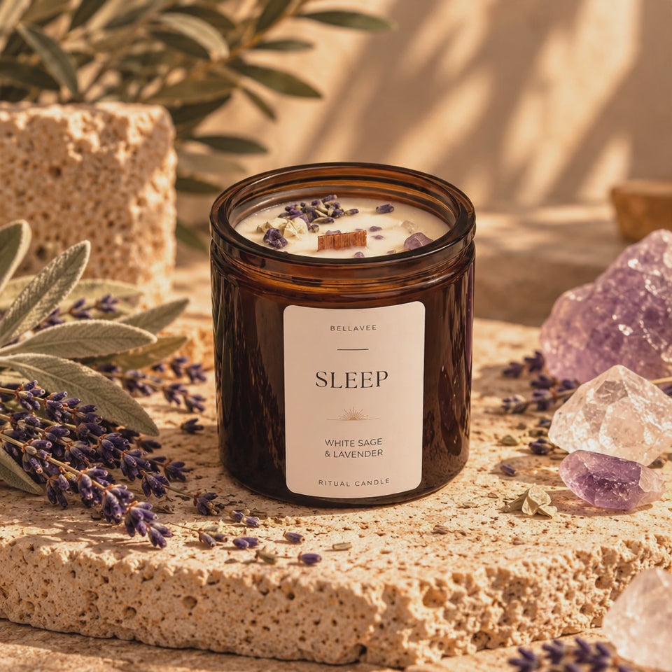 SLEEP Amethyst crystal ritual candle in amber glass by BellaVee Rituals