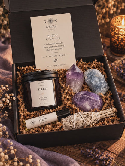 BellaVee Sleep Ritual Box with lavender candle, sleep crystals, ritual oil and sage