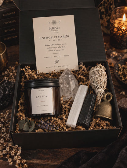 BellaVee Energy Clearing Ritual Box with crystal candle, crystals, sage and brass bell