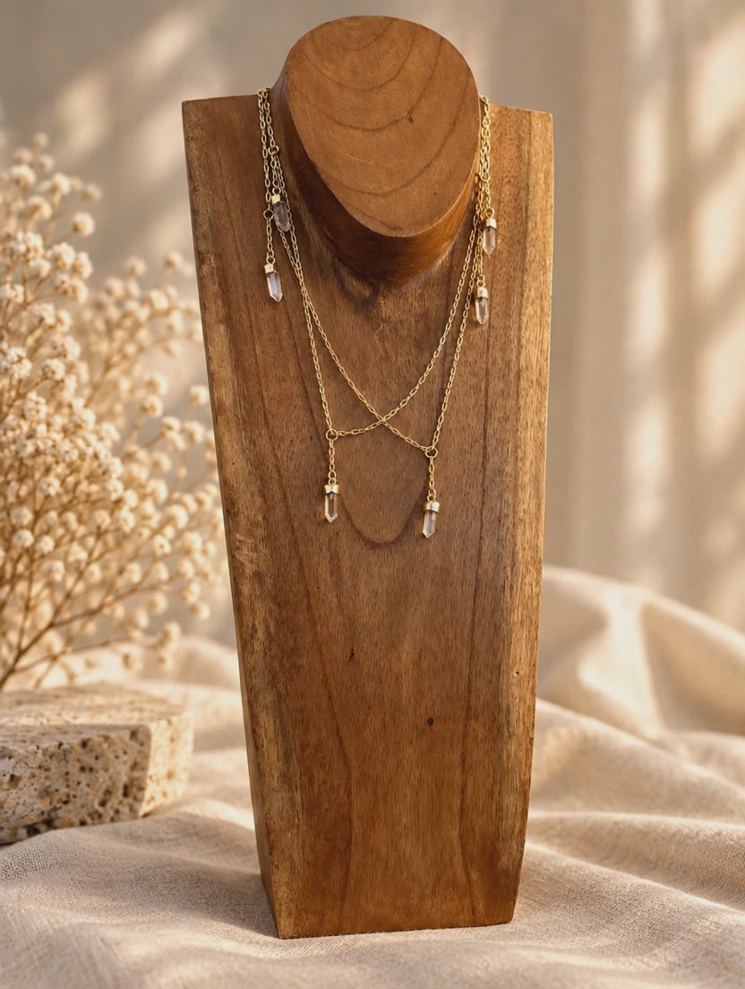 Seven-stone Clear Quartz convertible necklace styled long, doubled and layered