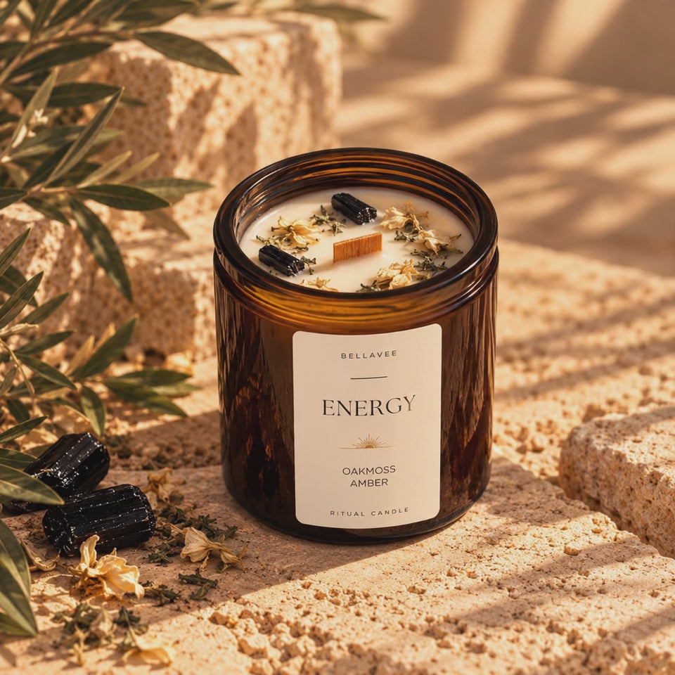 ENERGY Black Tourmaline crystal ritual candle in amber glass by BellaVee Rituals