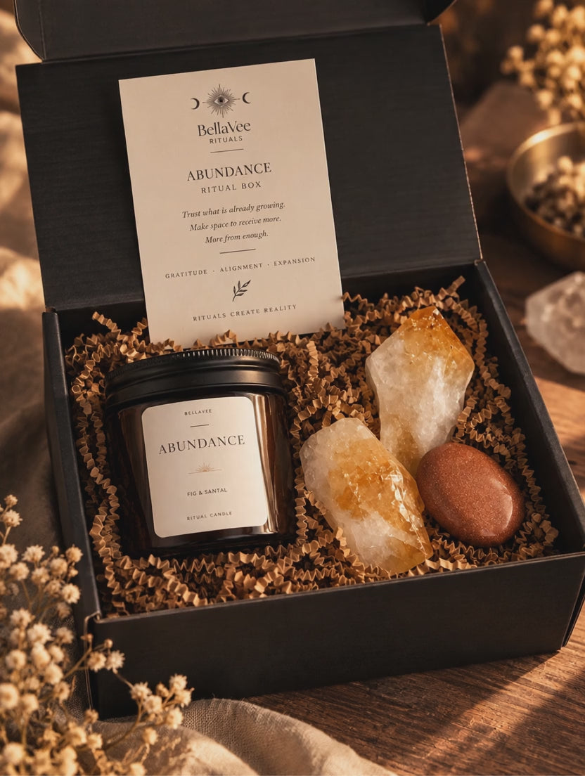 BellaVee Abundance Ritual Box with crystal candle, Citrine and Goldstone