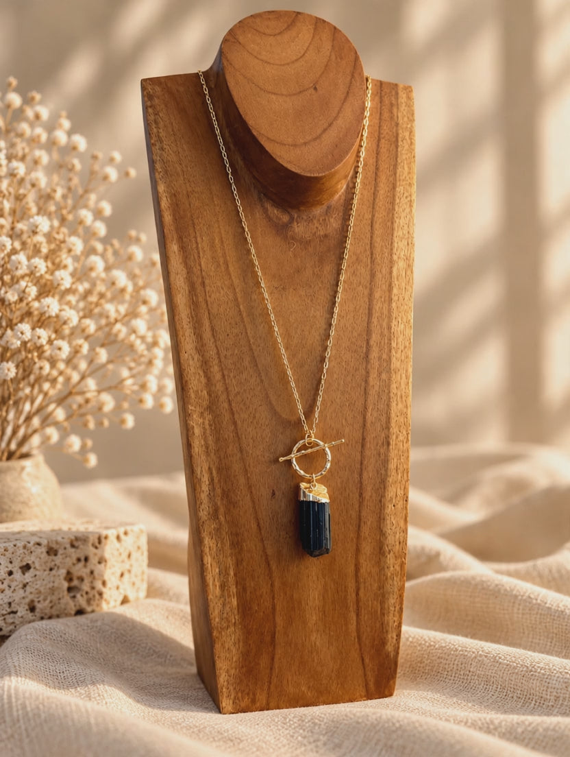 Black Tourmaline T-bar necklace styled long and doubled as a shorter crystal necklace