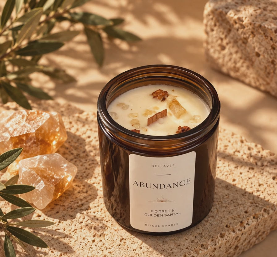 ABUNDANCE crystal ritual candle with Citrine and Fig Tree and Golden Santal by BellaVee Rituals