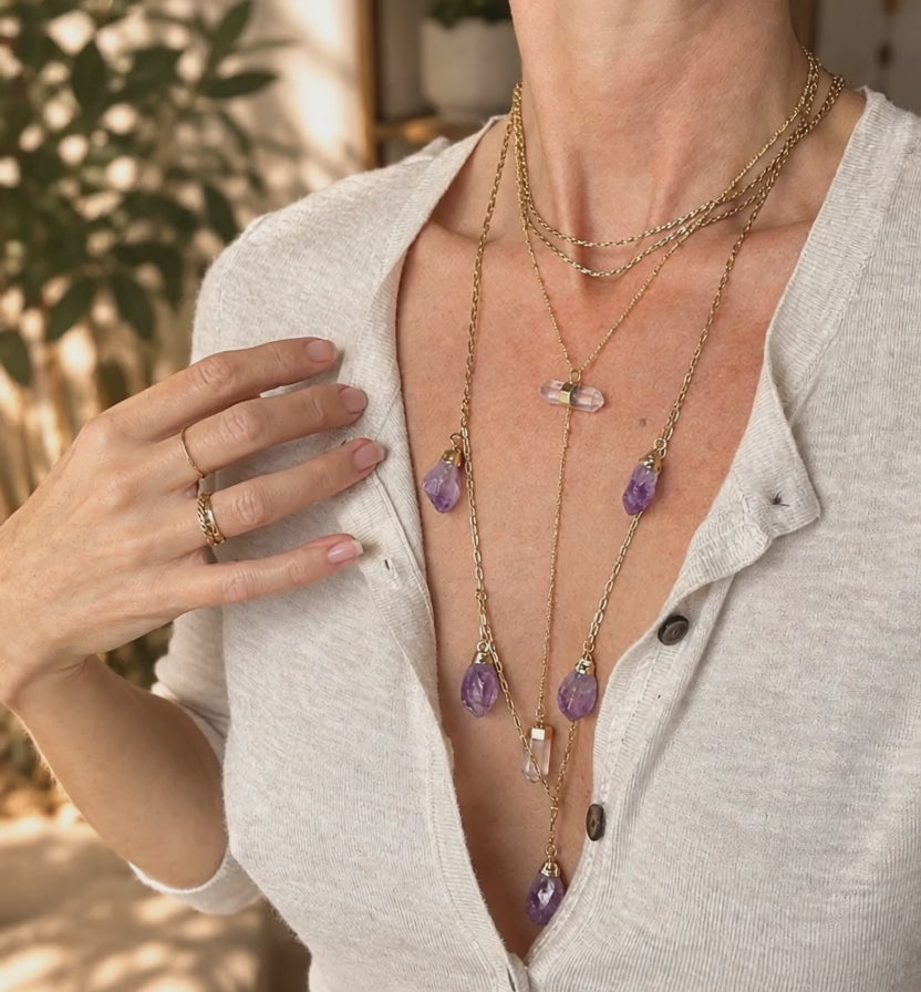 Two-stone crystal Y-drop necklace worn and adjusted to show its 16–18 inch adjustable length