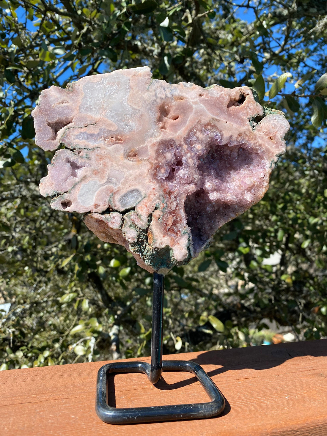 Rose Amethyst Freeform with multiple geode cavities, featuring quartz crystals over rose and lavender amethyst with a natural back