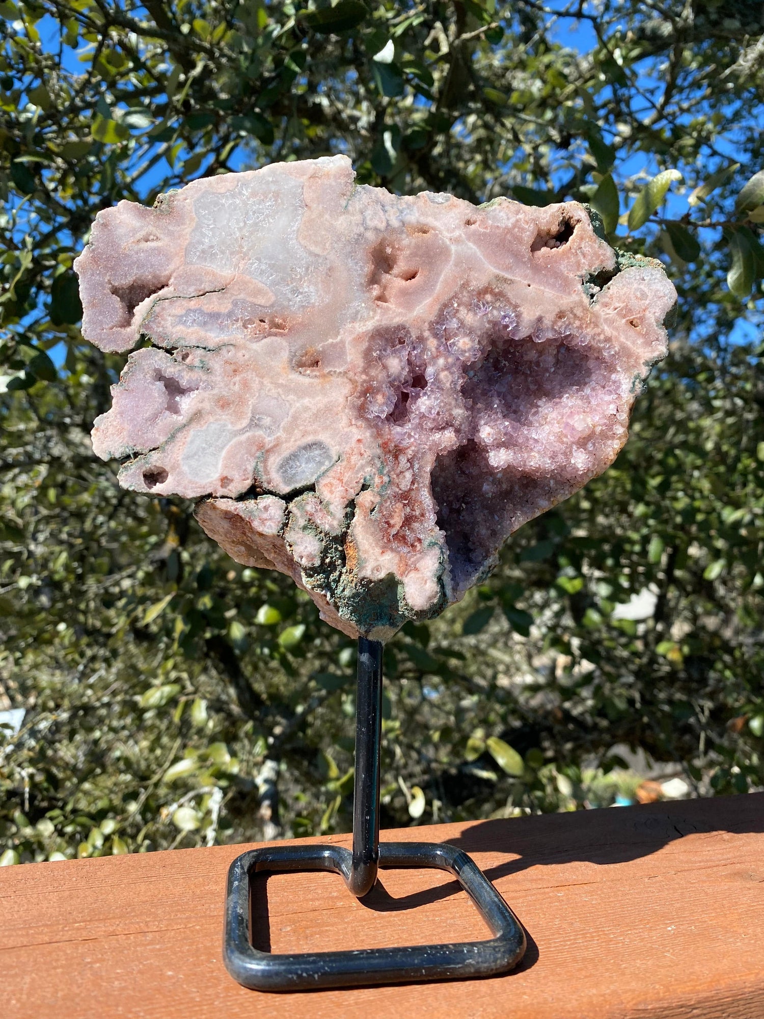 Rose Amethyst Freeform with multiple geode cavities, featuring quartz crystals over rose and lavender amethyst with a natural back