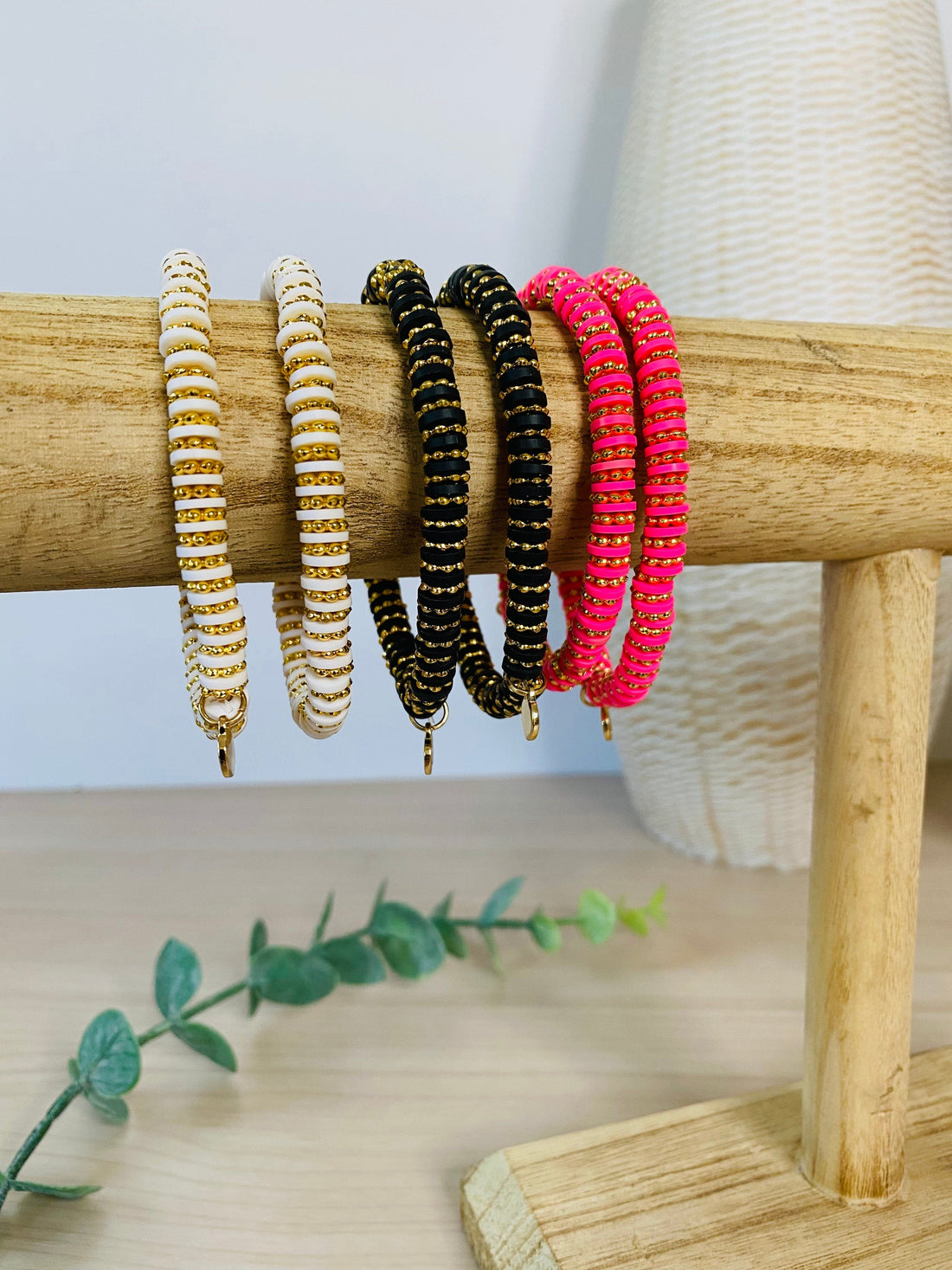 Shelli Bracelet, available in black, pink, and white, with 14k overlay beads, ideal for a stylish, chic, and playful look
