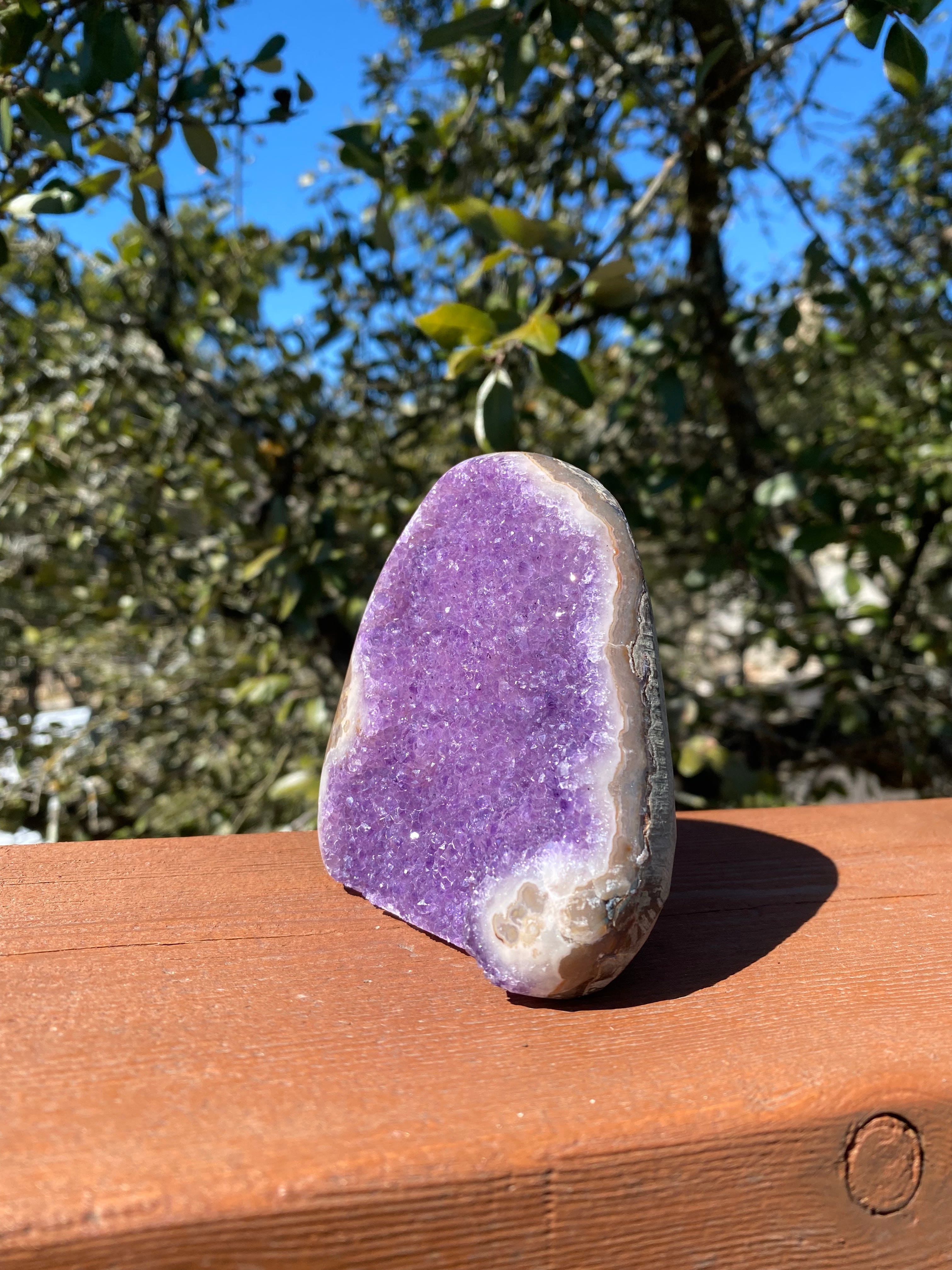 Amethyst geode with wide purple crystal face and Agate edging, featuring a natural backing.