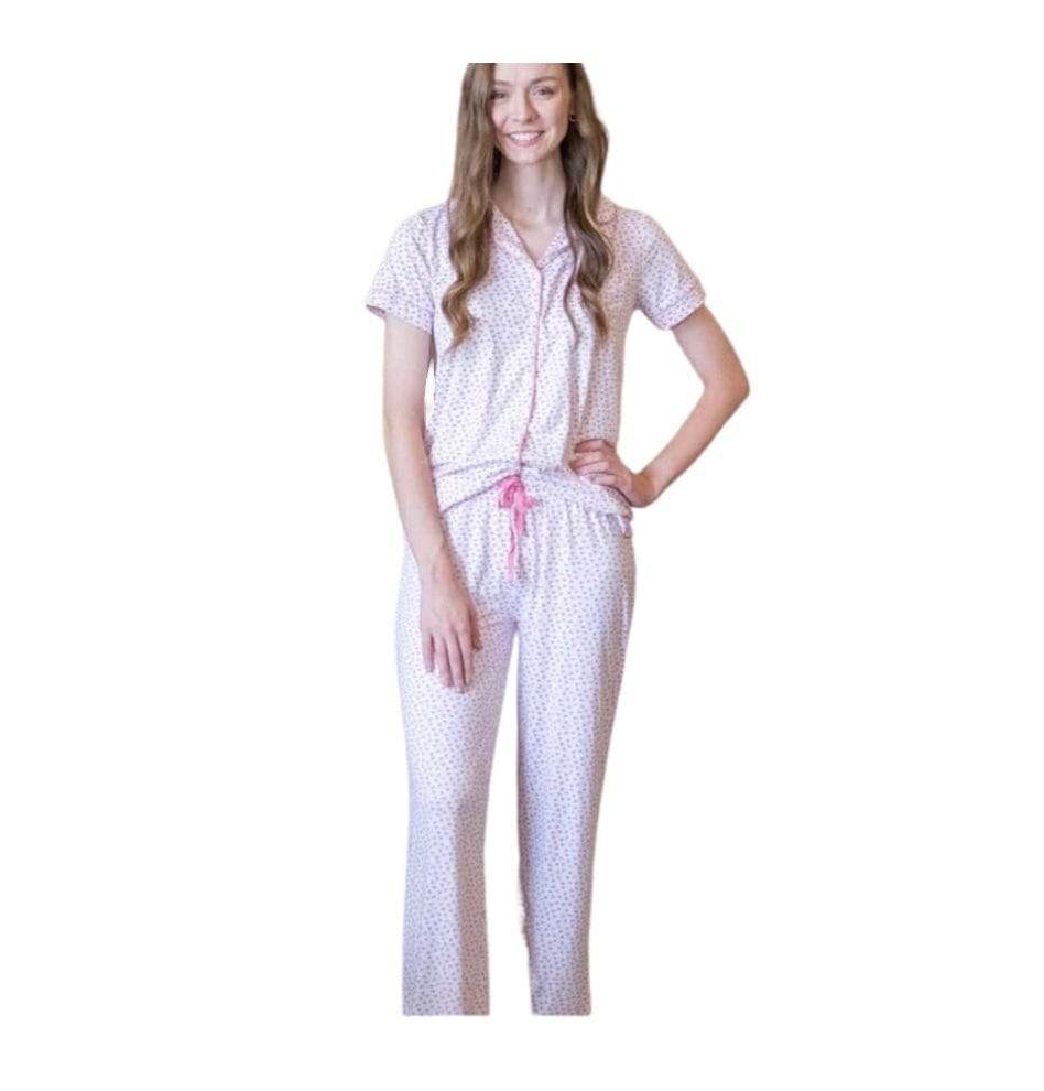 Sweetheart Button Up with soft material and a delicate water-colored heart pattern, the perfect top to pair with your favorite bottoms
