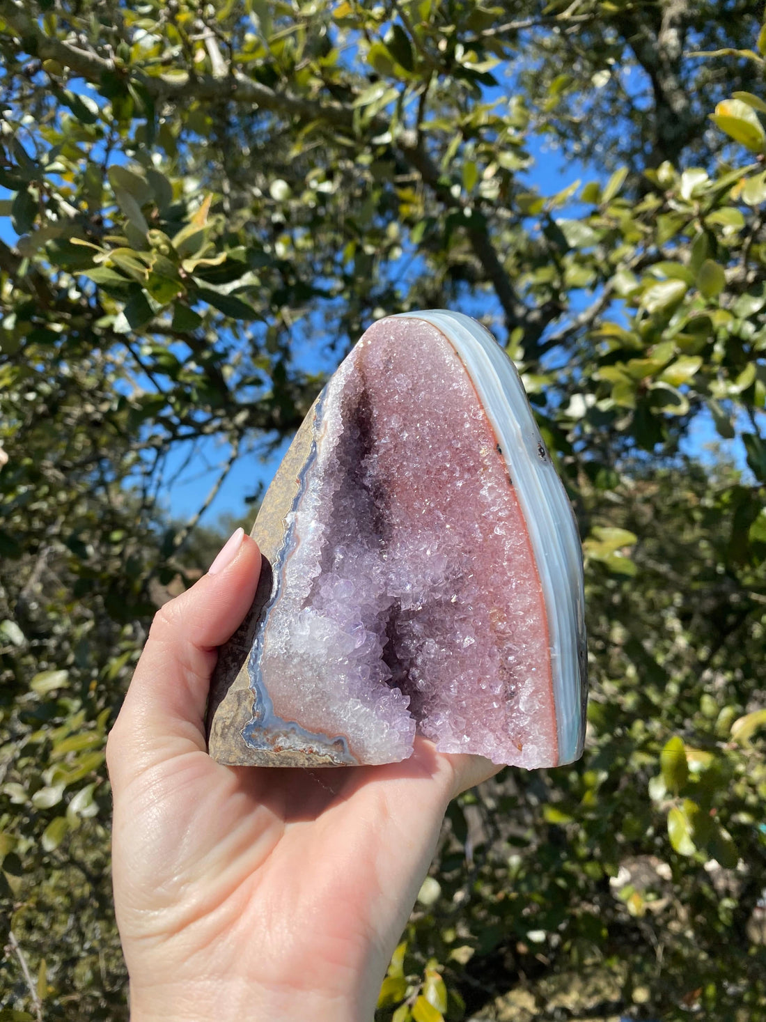 Lavender Amethyst Geode, filled with purple crystals and encased in blue and white banded Brazilian Agate, perfect for any crystal collection
