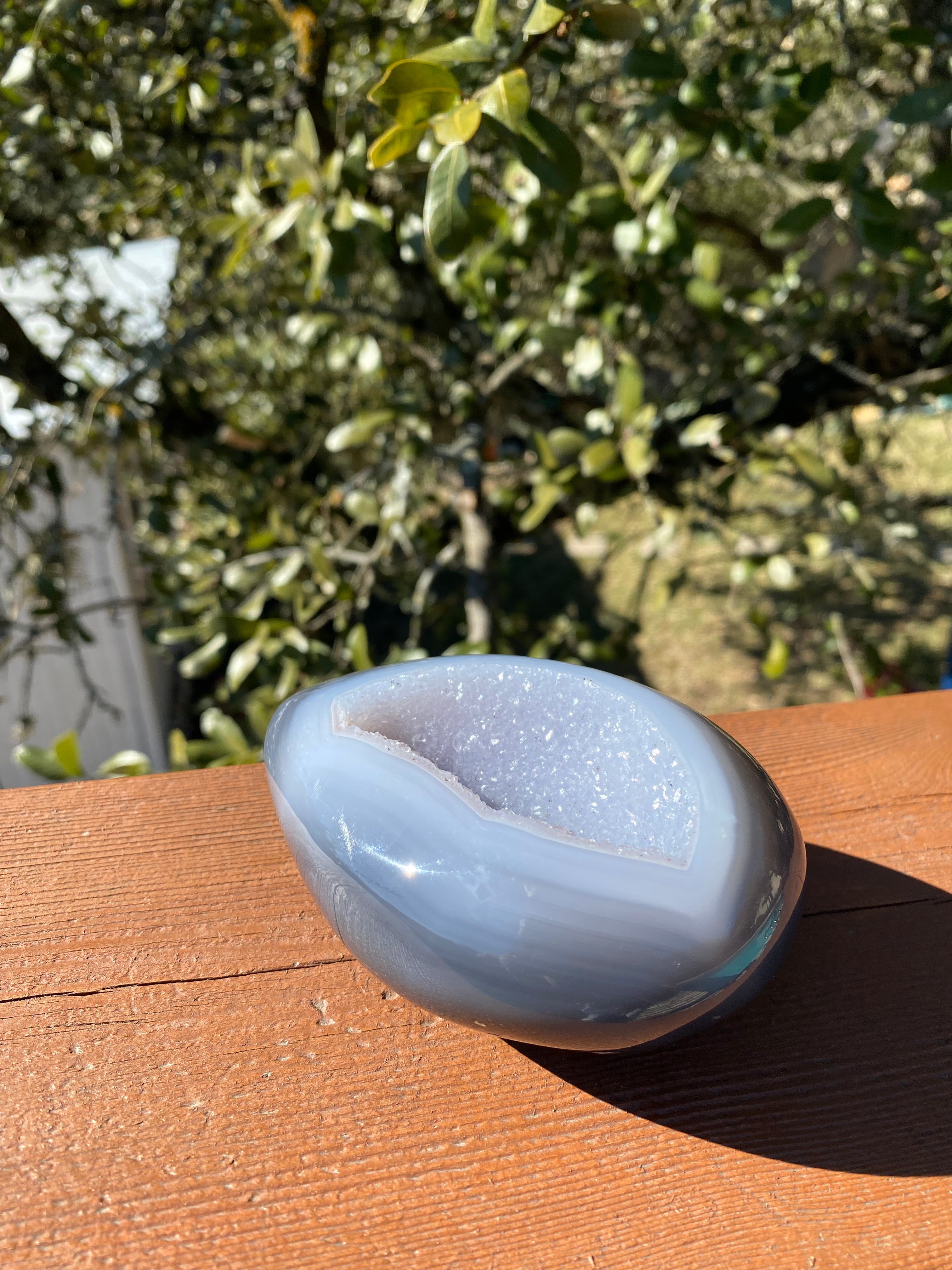 Polished Amethyst Geode, rare blue Agate exterior with lavender crystals, a stunning piece for any home or collection