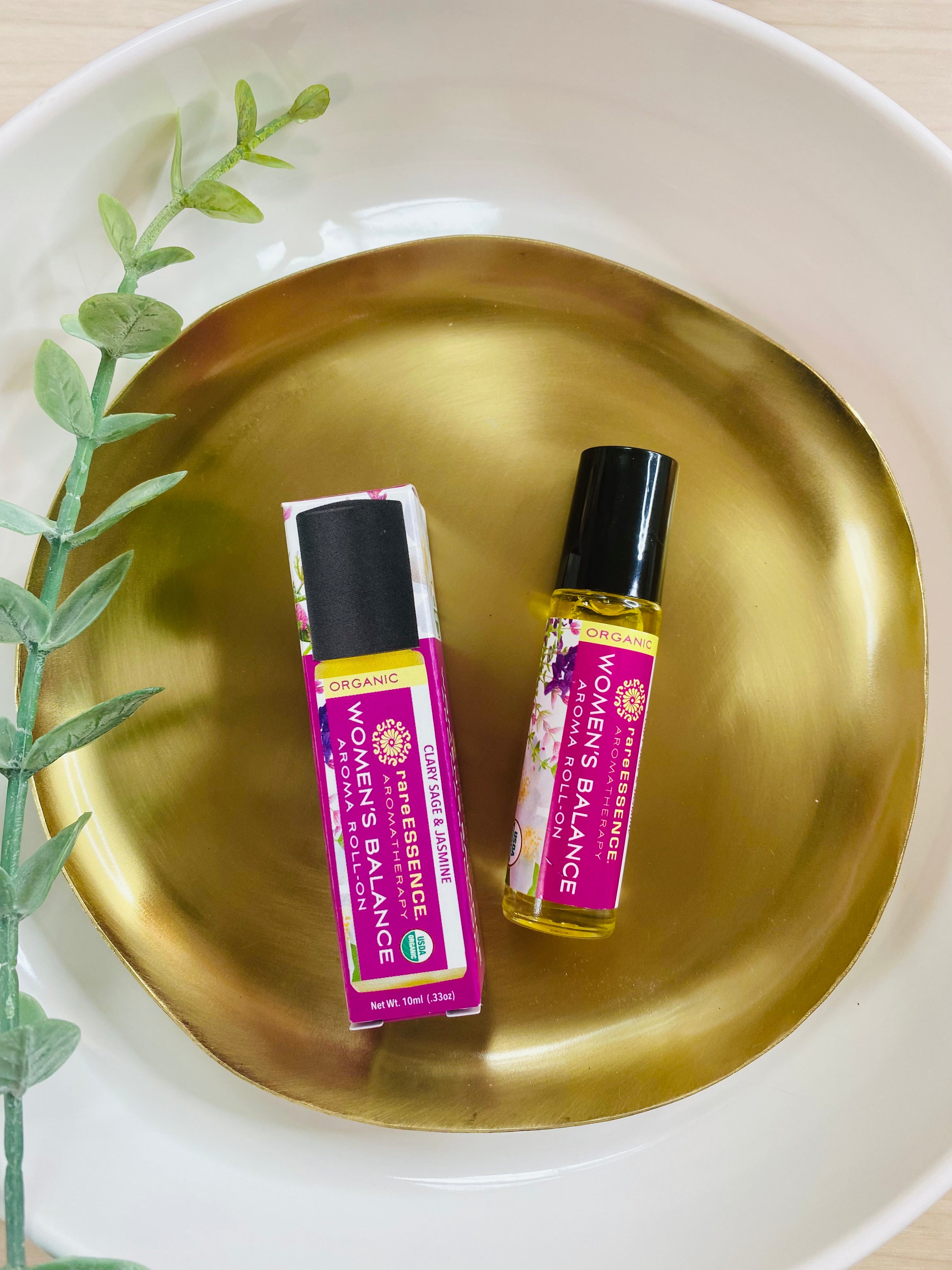 Organic WOMEN'S BALANCE Aromatherapy Roll-On, crafted with pure essential oils like Jojoba, Bergamot, and Clary Sage, promotes balance and well-being