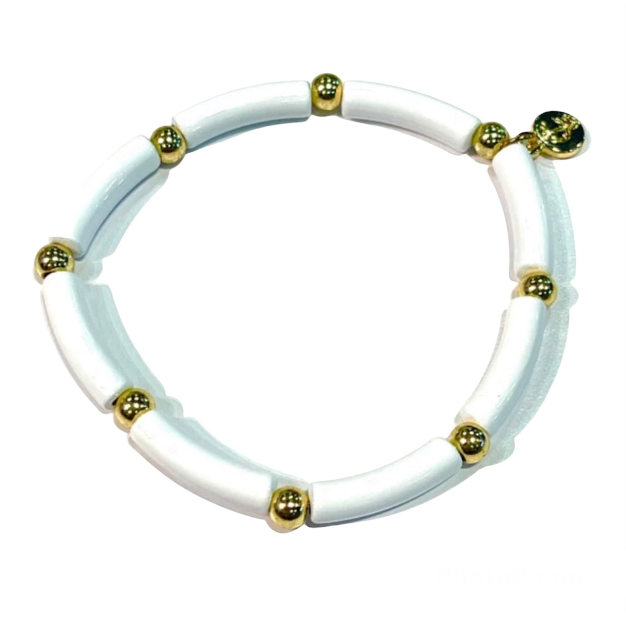 Gold & White Kenzie Bracelet with 14K overlay, stretchy and versatile, ideal for layering or wearing as a chic, standalone piece