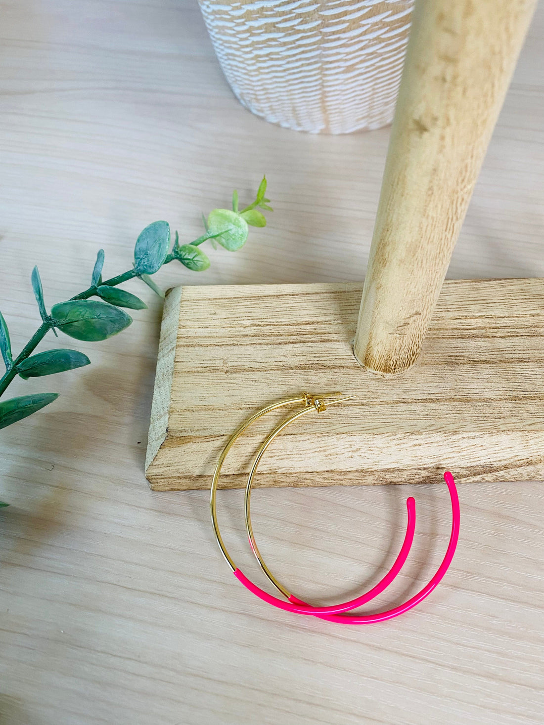 duo pink hoop earrings, 2-inch lightweight design with 14k gold overlay on brass, adds a fun and chic pop of pink to any outfit