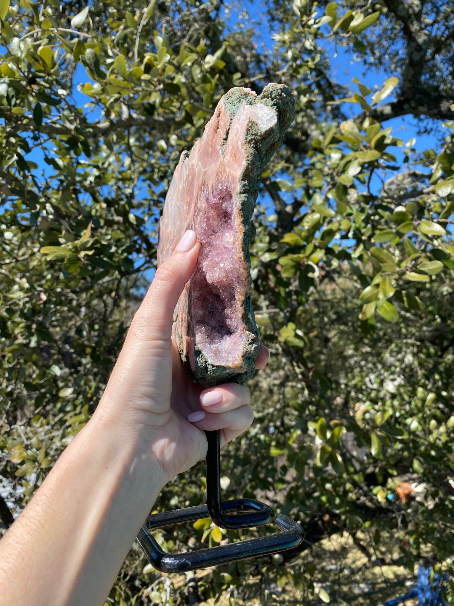 Rose Amethyst Freeform glows with stunning pink and lavender hues when held under the sun, revealing sparkling quartz crystals