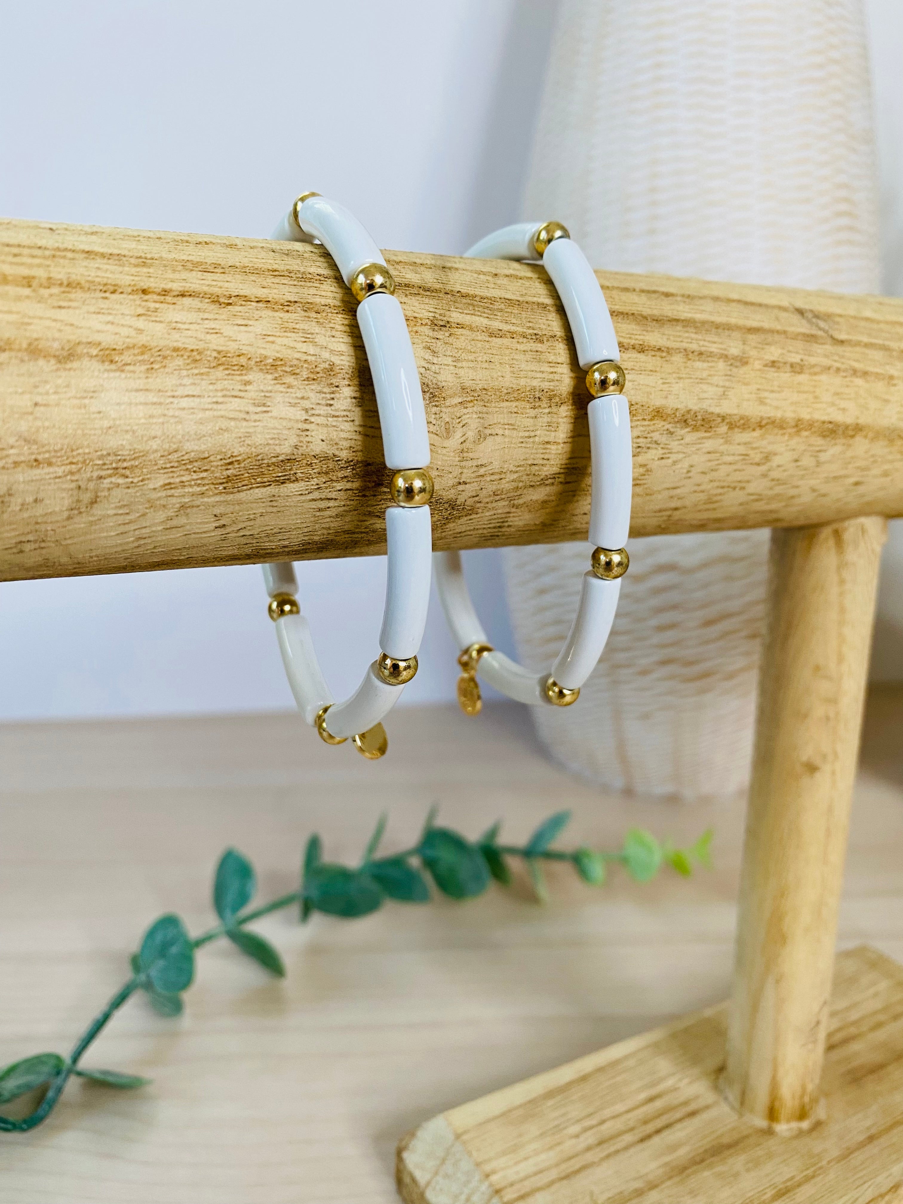 Kenzie Bracelet, gold and white enamel with 14K overlay, stretchy design perfect for mixing and matching or wearing solo