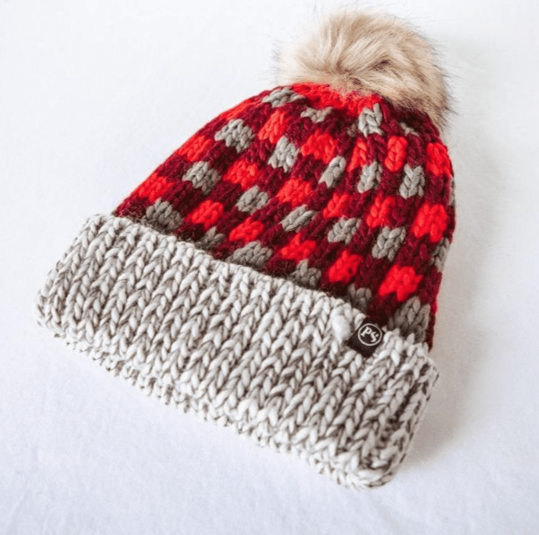 Rachelle Polar Pom Beanie, soft knit with checkered color-block design and faux fur pom. One size fits all, perfect for cold weather outfits