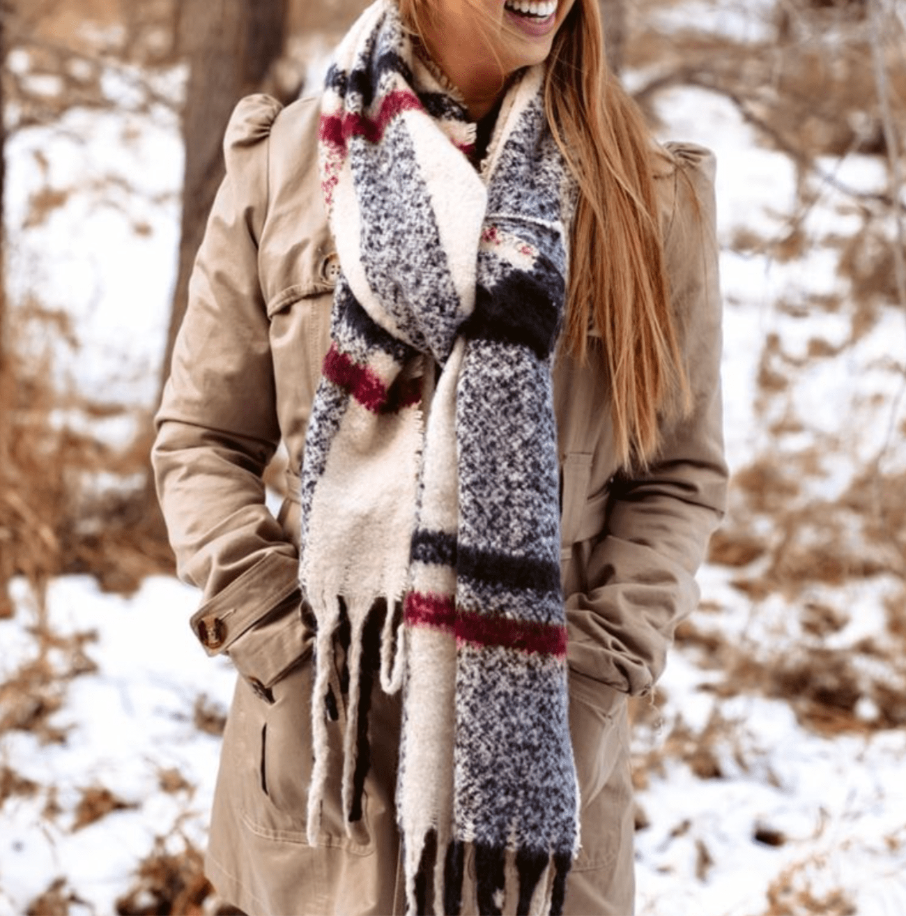 Cozy Cream Lizzy Scarf with fringe, perfect for adding sophistication to any cold-weather outfit or gifting to loved ones