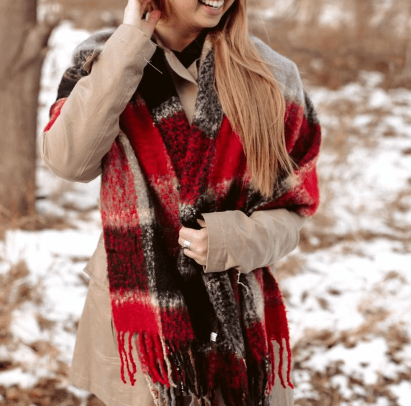 Bold Red/Black Lizzy Scarf with fringe, adds a stylish touch to any ensemble while keeping you cozy, perfect for gifting