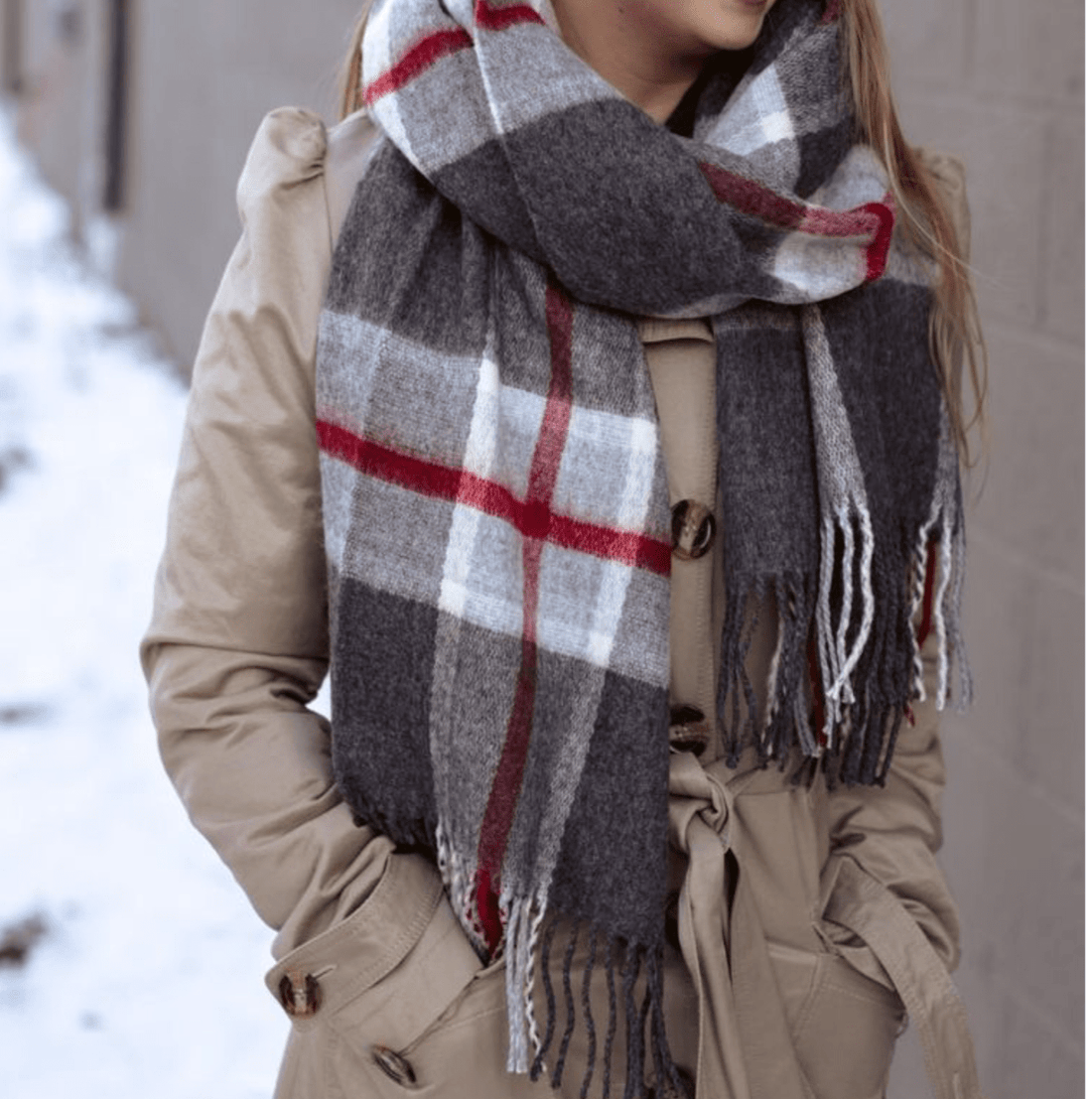 Allyn Oxford Scarf with a classic grey plaid pattern and fringe finish, versatile as a shawl or scarf.