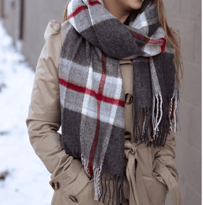 Allyn Oxford Scarf with a classic grey plaid pattern and fringe finish, versatile as a shawl or scarf.
