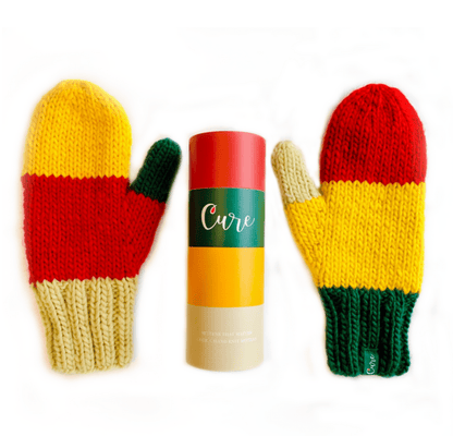 vibrant orange and red CURE mittens, hand-knit with super soft fleece lining, raising awareness for type 1 diabetes in a reusable canister