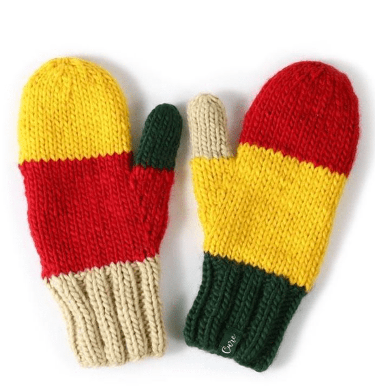 hand-knit CURE mittens with fleece lining, supporting type 1 diabetes research, colorful and perfect for teens and adults