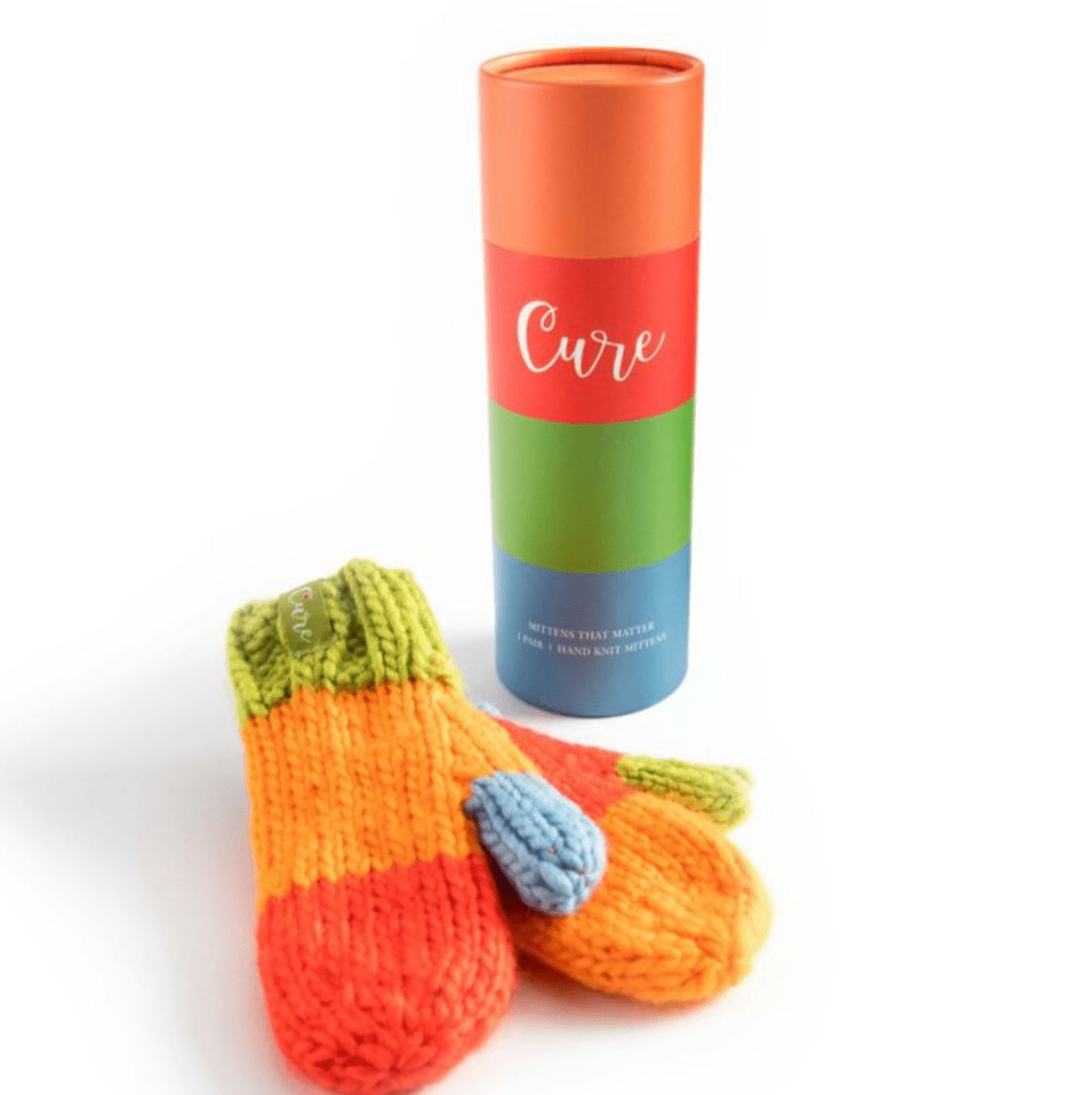 hand knit CURE mittens with soft fleece lining, packaged in a reusable canister supporting type 1 diabetes research, fits most teens and adults