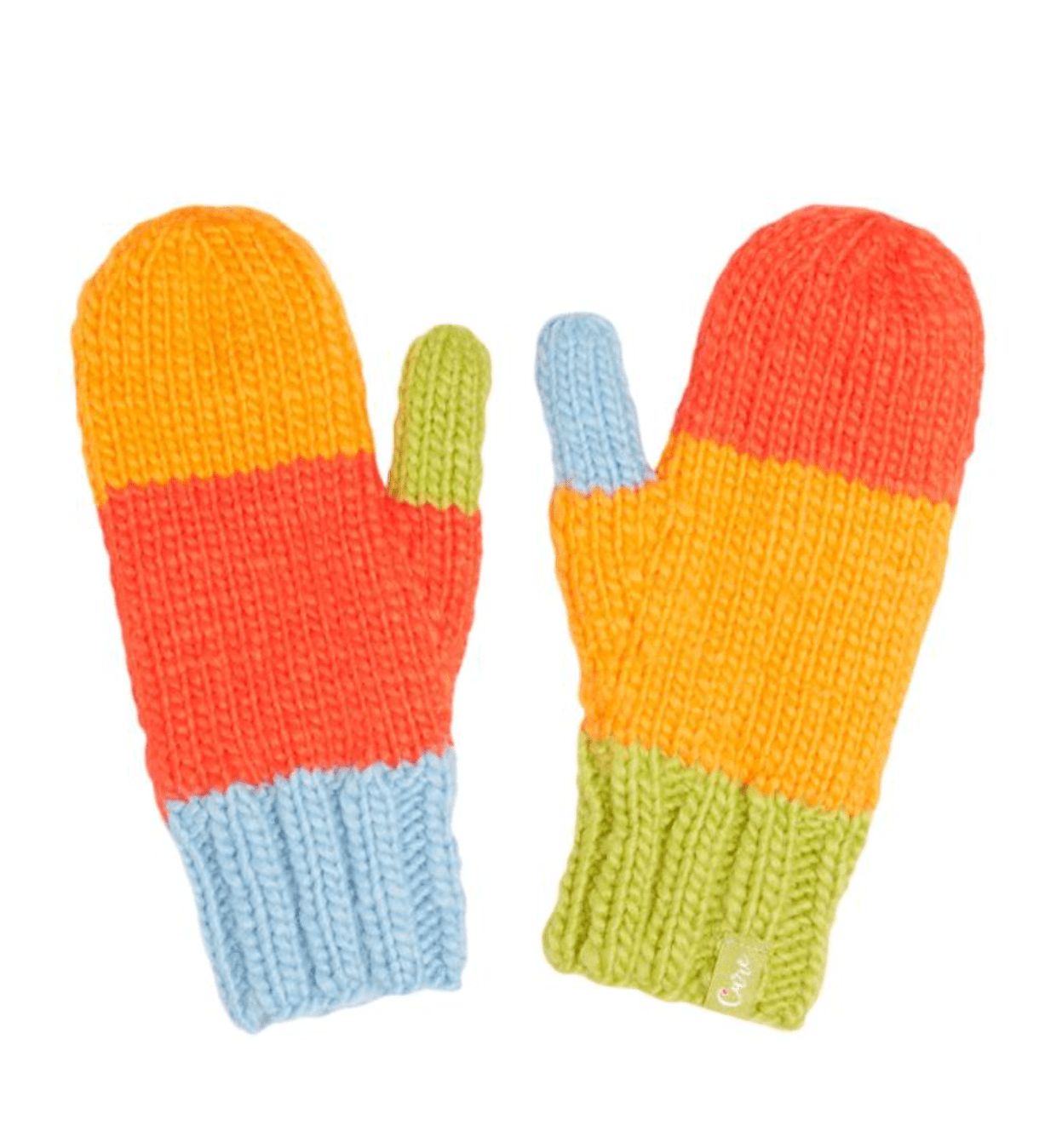 bright orange CURE mittens, hand knit with 100% acrylic yarn and soft fleece lining, supporting type 1 diabetes awareness