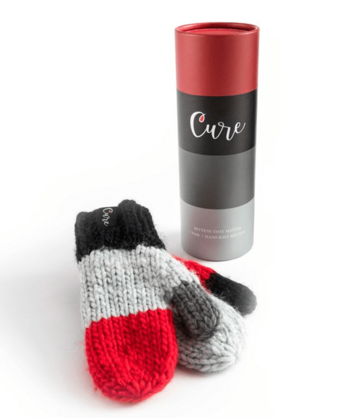 red CURE mittens, hand knit with super soft fleece lining and reusable canister for donations, promoting diabetes research