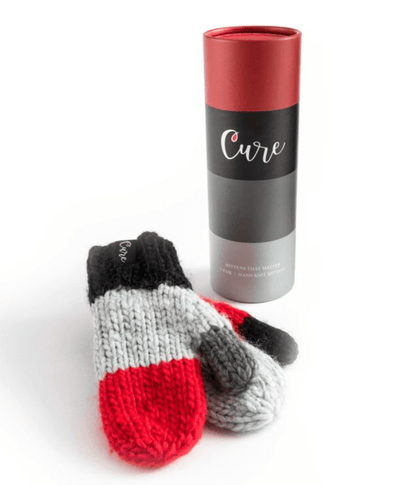 red CURE mittens, hand knit with super soft fleece lining and reusable canister for donations, promoting diabetes research
