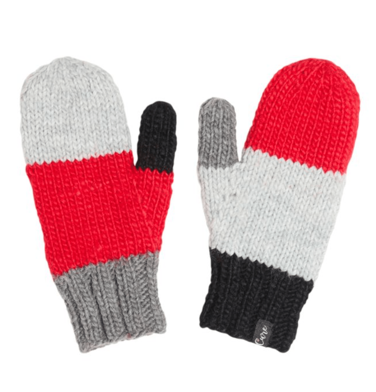 cozy red CURE mittens, hand-knit with 100% acrylic yarn and fleece lining, promoting donations for type 1 diabetes cure