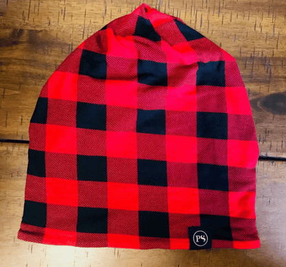 Versatile Buffalo Checker beanie and face covering, lightweight material for comfort. Made of rayon/spandex, one size fits most