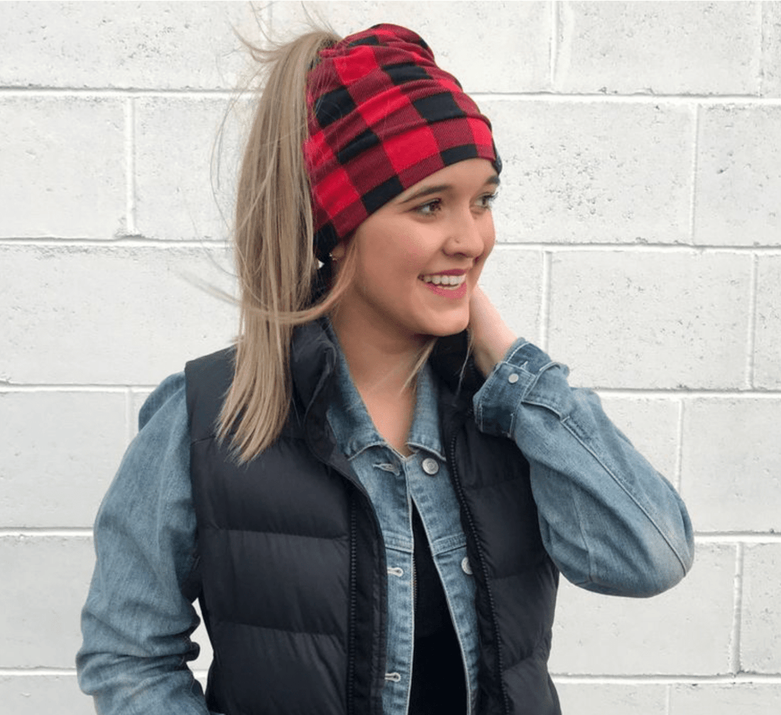 Buffalo Checker beanie, can be used as a face covering. Lightweight, stylish, and made from rayon/spandex blend. One size fits most